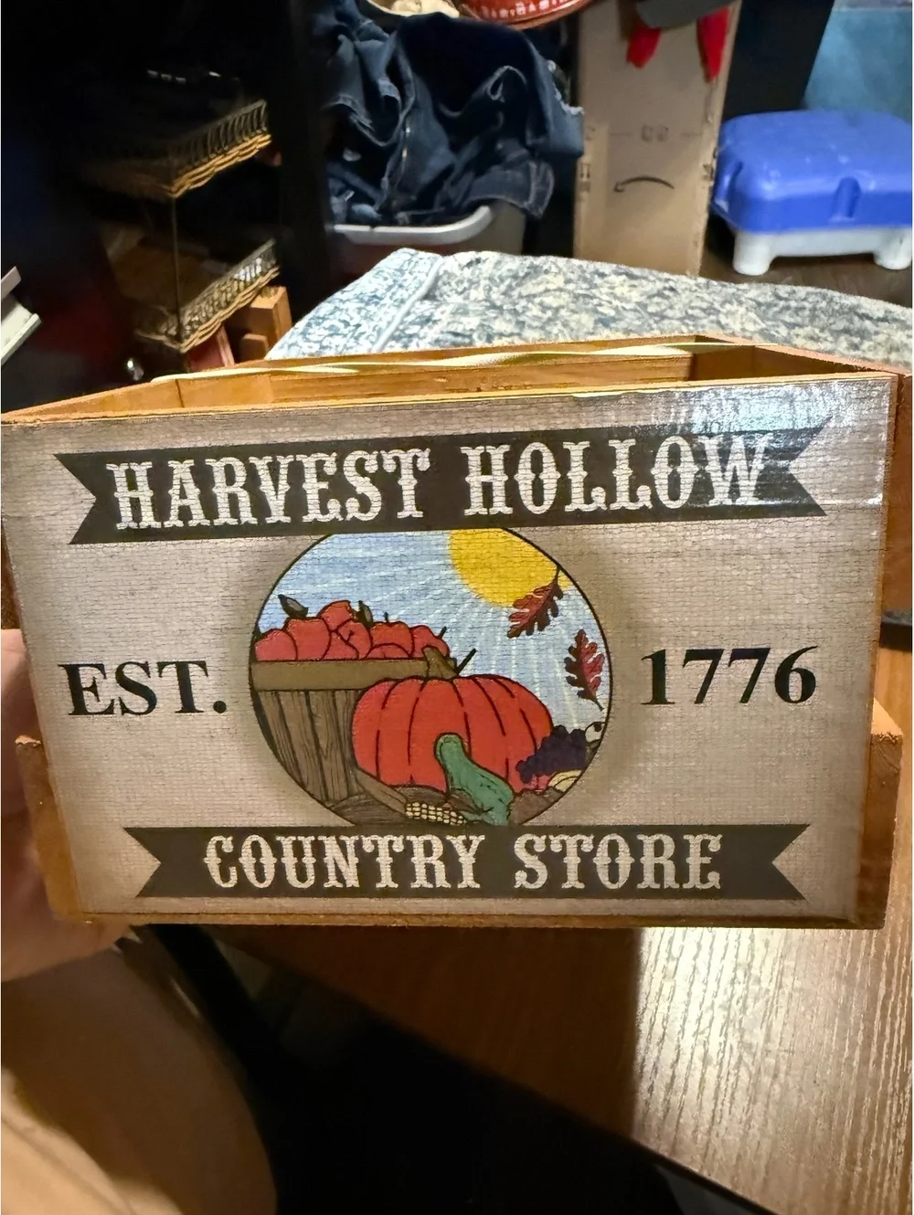 Harvest Hollow Country Store Wooden Basket with Autumn Themed Towels